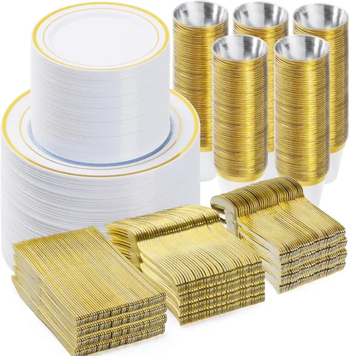 Miniatura 7 de BESTVIP Juego de vajilla de plástico de 150 piezas (25 invitados), platos desechables de oro transparente para fiestas, bodas, Navidad, aniversario