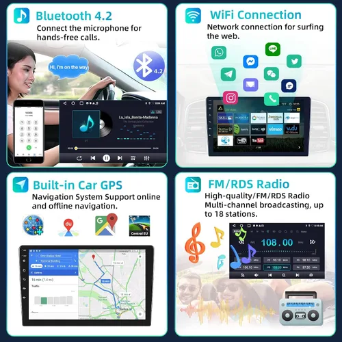 Miniatura 5 de Podofo Estéreo de auto de doble DIN de 2+32G con Apple Carplay Android Auto inalámbrico de 10.1 pulgadas, pantalla táctil y radio Android