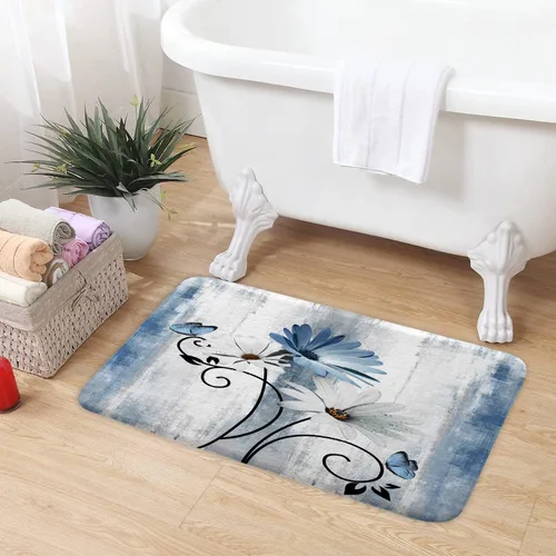 Miniatura 4 de Tapete de baño rústico de granja, diseño de margaritas azules y flores, mariposa, tapete de baño de madera para baño, tapete de baño suave