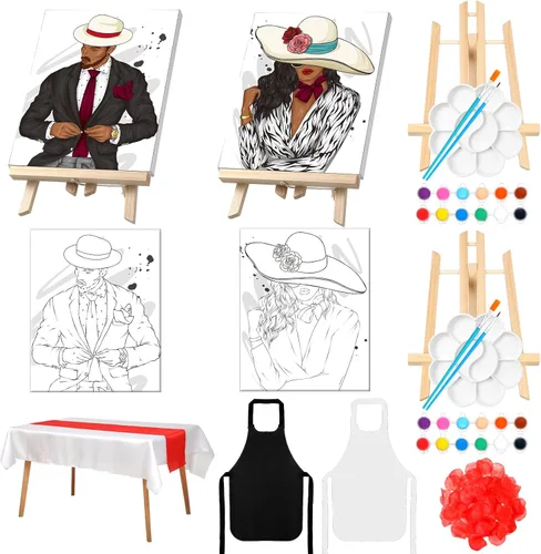 Zhanmai Kit de 112 Piezas para Beber y Pintar para Adultos Noche de Cita Kit de Pintura de Lienzo Predibujado para Parejas Arte de Pintura en Lienzo