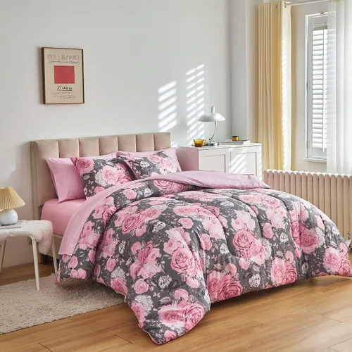 Miniatura 4 de Juego de sábanas de edredón de flores, color gris, cama en una bolsa, juego de ropa de cama reversible de 7 piezas tamaño King de microfibra floral