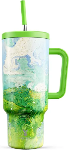 Miniatura 38 de Meoky - Vaso de 30 oz con asa, tapa y pajilla, taza de viaje térmica de acero inoxidable 100% a prueba de fugas, para portavasos, mantiene el frío