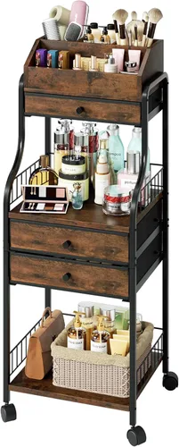 SWTYMIKI Carrito organizador de maquillaje rodante, almacenamiento para el cuidado de la piel con cajones no tejidos, organizador de tocador,