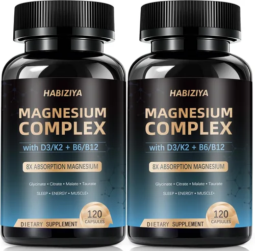 Paquete de 2 suplementos de complejo de magnesio de 600 mg con cápsulas de alta absorción con vitaminas D3 K2 MK7 y B con glicinato, citrato y