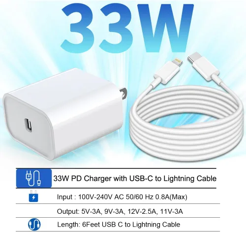 Miniatura 2 de DABUSTAR Cargador Rápido para iPhone, Bloque Cargador de Pared USB C PD de 33W con [Certificado MFi] Cable Tipo C a Lightning de 6 pies de Carga