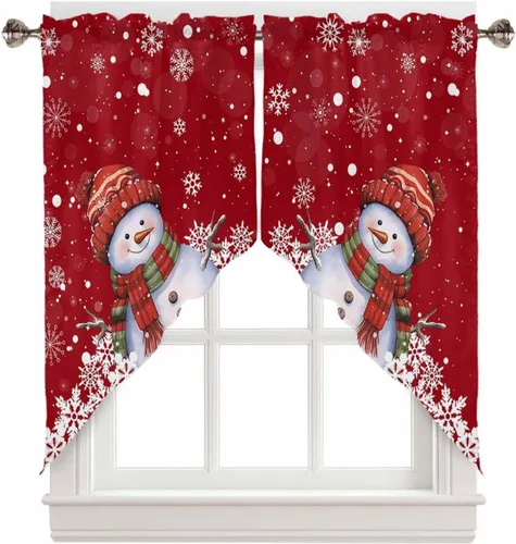 Miniatura 19 de BEMIGO Cortinas de cocina de Navidad, lindas cortinas de granja con muñeco de nieve azul, cenefa con bolsillo para barra de copos de nieve