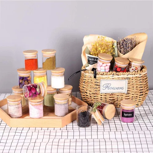 Miniatura 3 de Tzerotone Juego de tarros de especias, 2.5 onzas, 20 piezas, tarros de vidrio con tapas herméticas de bambú y etiquetas, mini recipientes 2.5oz/20pcs
