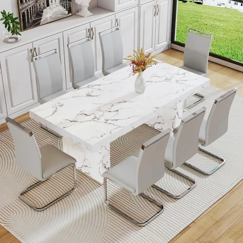 Miniatura 25 de gopop Mesa de comedor de mármol de 63 pulgadas, tablero de mesa de comedor MDF con patrón de mármol y base para cocina y comedor.