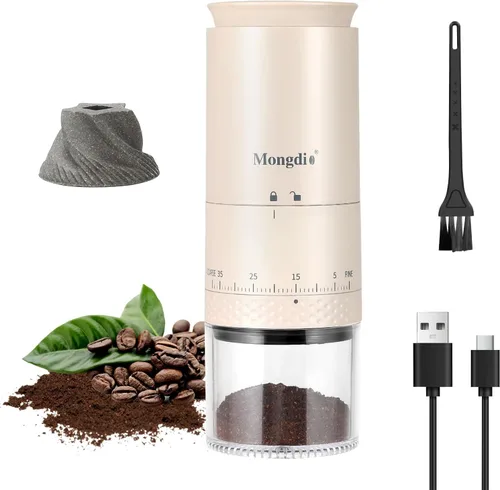 Mongdio Molinillo de Café Eléctrico Portátil de Muelas con 38 Configuraciones, Molinillo de Café de Muelas Cónicas con Pantalla LED, Carga USB,