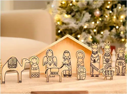 WONDROUS' DECO Juego de Belén de madera, 12 piezas de escena de mesa de Navidad, 7 pulgadas de alto, pequeño adorno de pesebre para decoración de