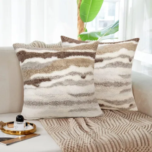 Juego de 2 fundas de almohada de piel sintética color marrón tostado de 16 x 16 pulgadas, fundas de almohada decorativas modernas de color blanco