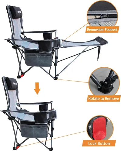 Miniatura 7 de Silla de camping reclinable con reposapiés extraíble con reposacabezas, cojín de algodón, sillas plegables ajustables y portátiles