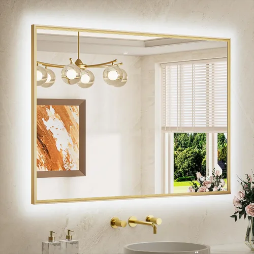 Miniatura 18 de TETOTE Espejo de baño retroiluminado de 30 x 36 pulgadas, marco de metal dorado cepillado, luz LED, 3 colores, blanco/cálido/natural, sin escalones