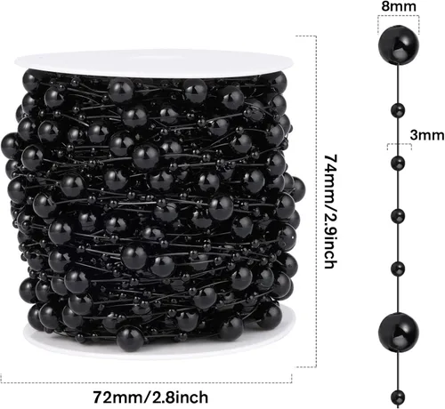 Miniatura 3 de Cadikez Cadena de 98 pies de cuentas de perlas, rollo de cuentas de perlas de imitación negras de 8 mm y 3 mm a granel para decoración de flores