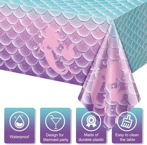 Miniatura 3 de 8 manteles para decoración de fiesta de cumpleaños de sirena, fundas de mesa de plástico desechables para princesas bajo el mar, suministros