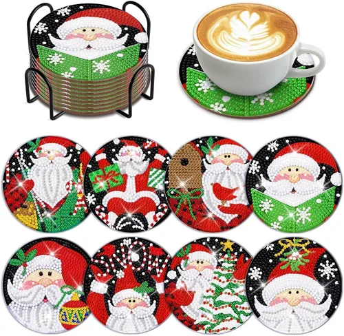 Miniatura 15 de Denylo pro 8 Piezas Kits de Posavasos de Arte de Diamantes de Navidad con Soporte DIY Posavasos de Arte de Diamantes de Navidad para Adultos