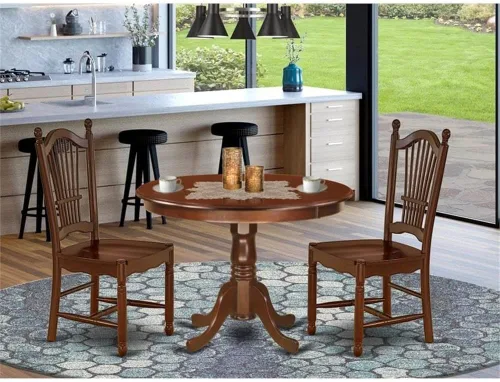 Miniatura 2 de East West Furniture HLDO3-MAH-W Juego de mesa y sillas de cocina de 3 piezas contiene una mesa de comedor redonda con pedestal y 2 sillas