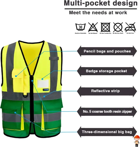 Miniatura 4 de A-SAFETY Chaleco reflectante de seguridad de alta visibilidad con bolsillos y cremallera, chaleco de trabajo Hi Viz para hombres y mujeres