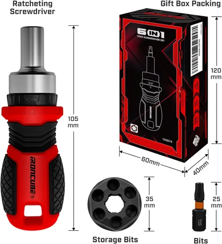 Miniatura 6 de IRONCUBE Juego de destornilladores magnéticos Torx: Juego de destornilladores múltiples 6 en 1 con mango de trinquete intercambiable - Kit