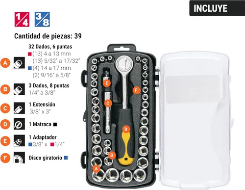 Miniatura 3 de Dados, Mesa 1/4 y 3/8 ', 39 piezas, Pretul