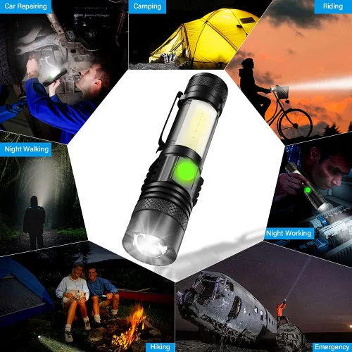 Miniatura 6 de Linterna recargable por USB, linternas magnéticas LED, linternas tácticas súper brillantes con luz lateral mazorca, impermeable, zoomable, 6 modos