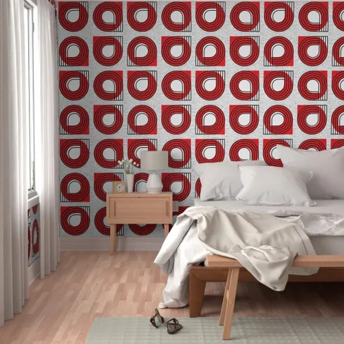 Miniatura 5 de Muestras de papel tapiz para despegar y pegar, Bauhaus rojo y blanco, moderno, abstracto, geométrico, círculos negros, gráfico, papel tapiz
