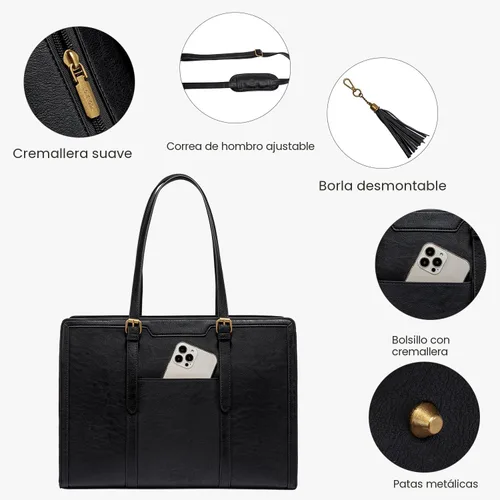 Miniatura 5 de LOVEVOOK Bolsa para laptop para mujer, de piel vintage, de 15.6 pulgadas, bolsa de computadora de gran capacidad con bolso de mano para el trabajo