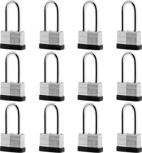 SafiSwords Paquete de 12 candados de acero laminado con llave igual, 1-3/4 pulgadas de ancho, juego de candados largos resistentes con las mismas