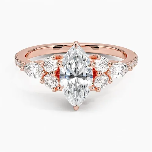 Miniatura 5 de IGI Anillo de compromiso de diamantes de 4 puntas de corte marquesa blanco de 1.56 quilates con marquesa lateral y diamantes redondos de laboratorio