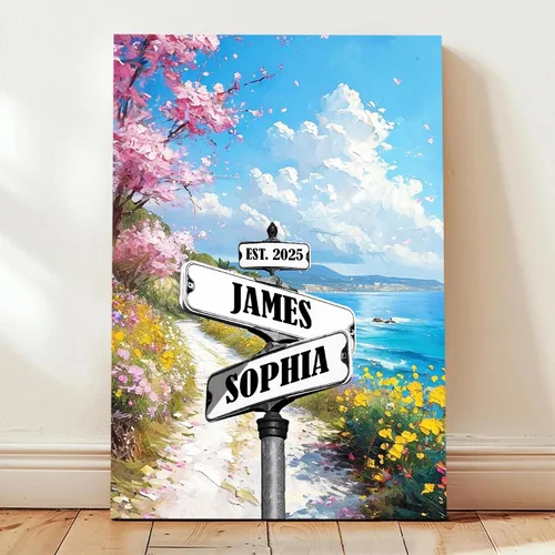 Miniatura 8 de Póster de Lienzo de Señal de Calle Vintage con Nombre Personalizado para Pareja, Póster de Lienzo de Señales de Calle de Encrucijada con Fecha