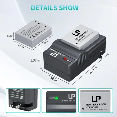 Miniatura 4 de LP Paquete de cargador de batería NB-10L, paquete de 2 baterías de 1400 mAh y cargador de pantalla de luces LED para cámara digital Canon PowerShot