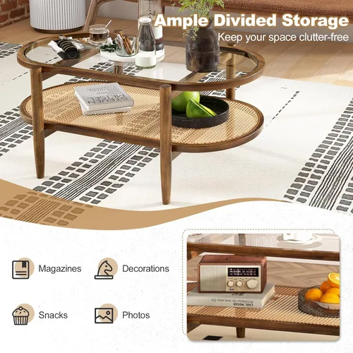 Miniatura 6 de Giantex Mesa de centro de ratán, mesa de té de madera ovalada de 2 niveles con mesa de vidrio templado y estante de almacenamiento de ratán de Negro