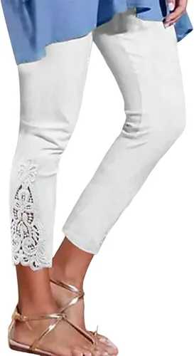 Featur - Leggings de yoga recortados para mujer, cintura alta, pantalones capri elásticos con costuras de encaje, talla grande, pantalones de