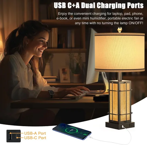 Miniatura 3 de Juego de 2 lámparas de mesa negras, lámparas de granja de 24 pulgadas para sala de estar con puertos USB C +A, lámparas industriales retro