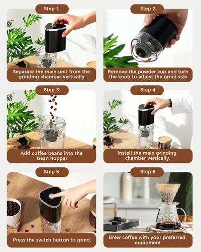 Miniatura 6 de Molinillo de café eléctrico portátil, diseño ergonómico de ajuste de palma para un agarre cómodo, carga inalámbrica USB tipo C, ajustes de molienda