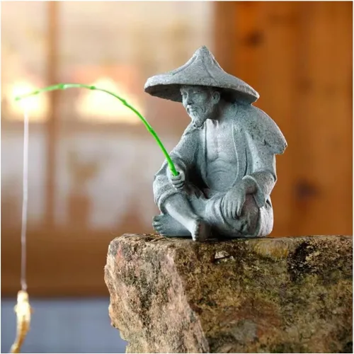 livelyfish Mini Estatua de Pescador Decoración Asiática Zen Figuritas de Pesca Sentadas Arenisca Adorno Vintage para Acuario Pecera Maceta Jardín