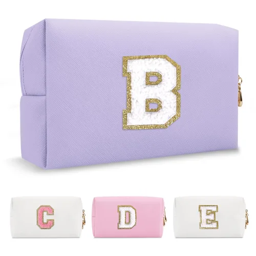 Miniatura 176 de Pequeña bolsa de maquillaje personalizada con inicial A-Z Preppy Patch, bolsa de cosméticos de viaje de felpilla blanca con cremallera, bonita bolsa