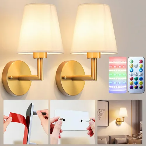 Miniatura 9 de Juego de 2 apliques de pared a pilas, luz de pared inalámbrica con bombilla magnética recargable RGB de 10000 mAh, aplique de pared recargable
