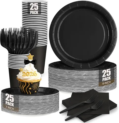 Platos y servilletas de papel negro, platos desechables para fiestas, incluye platos de 7 y 9 pulgadas, tazas, servilletas, tenedores, suministros
