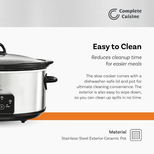 Miniatura 3 de Complete Cuisine CC-6200-SS-PG Olla de cocción lenta programable de 6 cuartos de galón, olla de cocción lenta ovalada de acero inoxidable con tapa