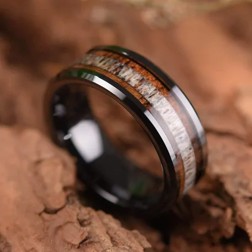 Miniatura 7 de THREE KEYS JEWELRY 6,8mm Black/White Ceramic Wedding Ring with Real Koa Wood Inlay Flat Top Wedding Band Engagement Ring Comfort Fit Size 4-16