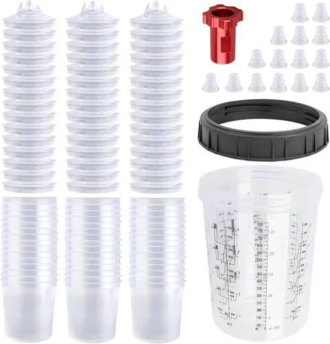 Miniatura 10 de Sistema de vasos de pistola de pintura desechable, kit de tazas mezcladoras de aerosol de pintura HVLP de 6.7 onzas fluidas con 50 revestimientos