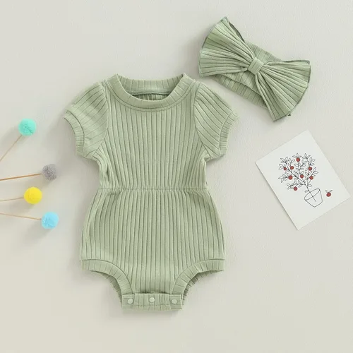 Miniatura 30 de Traje de verano para niña pequeña, de manga corta, acanalado, overol liso, pantalones cortos, ropa para recién nacidos