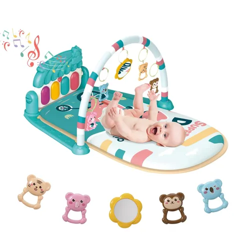 dearlomum Tapete de juego para bebé y piano para tiempo de barriga, alfombrilla de actividad sensorial para bebés con 5 juguetes, música y luces,