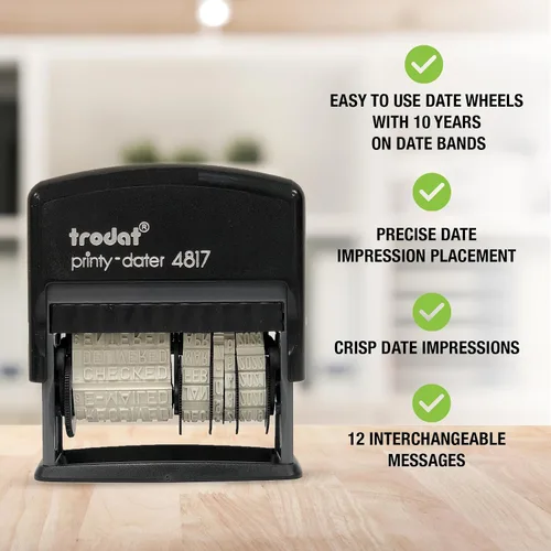 Miniatura 2 de Trodat Printy 4817 Economy Dial-A-Phrase, 12 mensajes populares de oficina, mes en letras, día y año en números, sello de fecha de goma – Negro