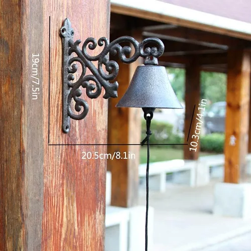 Miniatura 6 de Colgante de jardín al aire libre, campana rústica antigua de hierro fundido grande montado en la pared, timbre de metal para decoración fuera