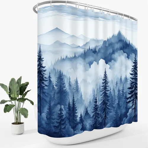 Miniatura 27 de Cortina de ducha pequeña de 36 x 72 pulgadas, cortina de medio tamaño de bosque brumoso, cortina de ducha estrecha mitad negra y blanca de montaña