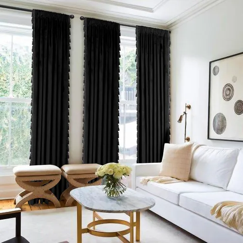 Miniatura 2 de Fazhesici Cortinas opacas de terciopelo negro de 63 pulgadas de largo para ventanas, cortinas con bolsillo para barra con borlas, cortinas térmicas
