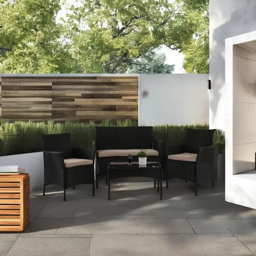 Miniatura 5 de PayLessHere Juego de muebles para patio, 4 piezas, de ratán para exteriores, sofá de mimbre para conversación de jardín, con cojín suave y mesa