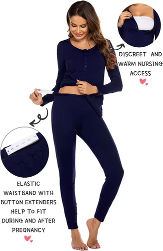 Miniatura 3 de Ekouaer Ropa interior térmica con botones para mujer, pijama de maternidad con forro polar de microfibra, conjunto de pijamas de invierno largo